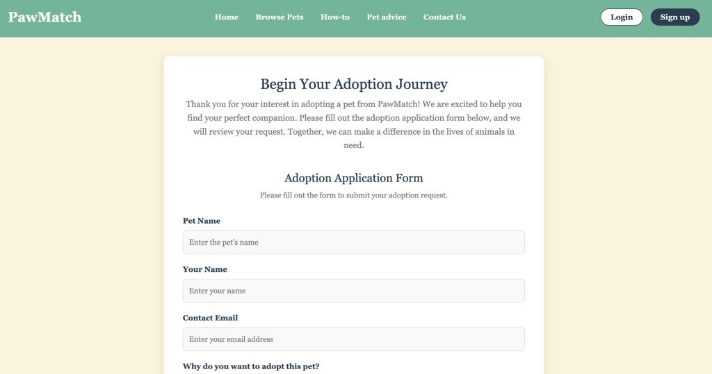 Harman Kaur Adoption Application page